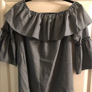 Blue and white striped off-the-shoulder dress